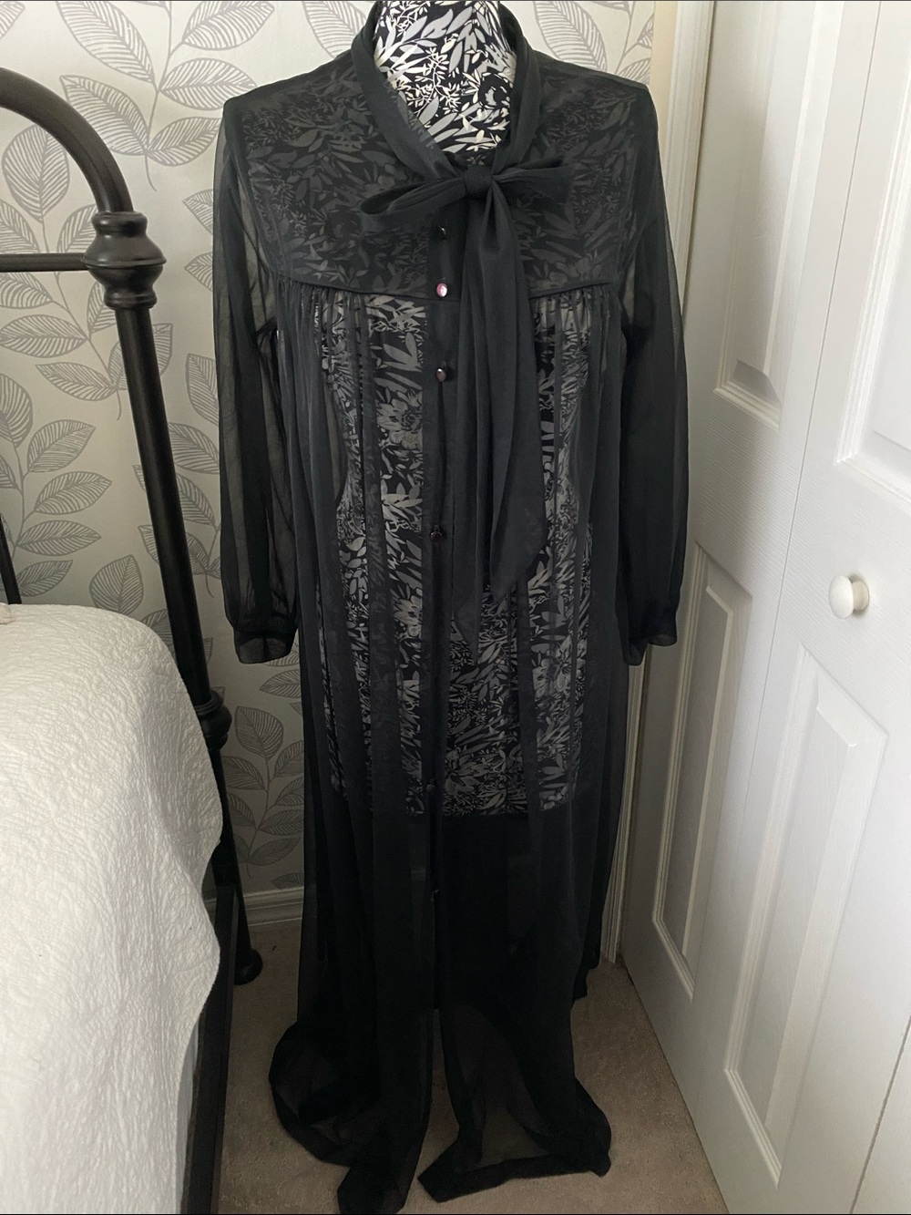 Vintage Komar sheer black long sleeve robe with button front & tie detail